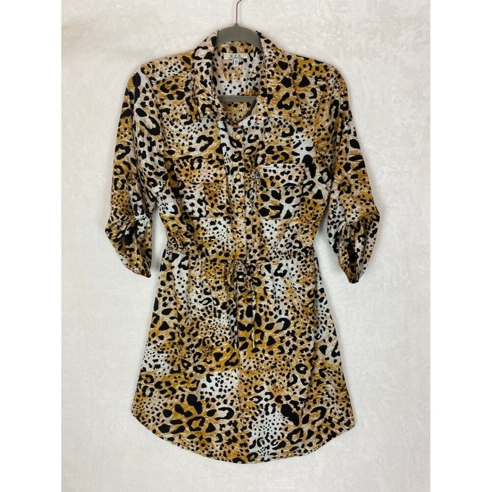 MPH Collection Women's Animal Print Shirt Dress Petite Large Button Tie Waist